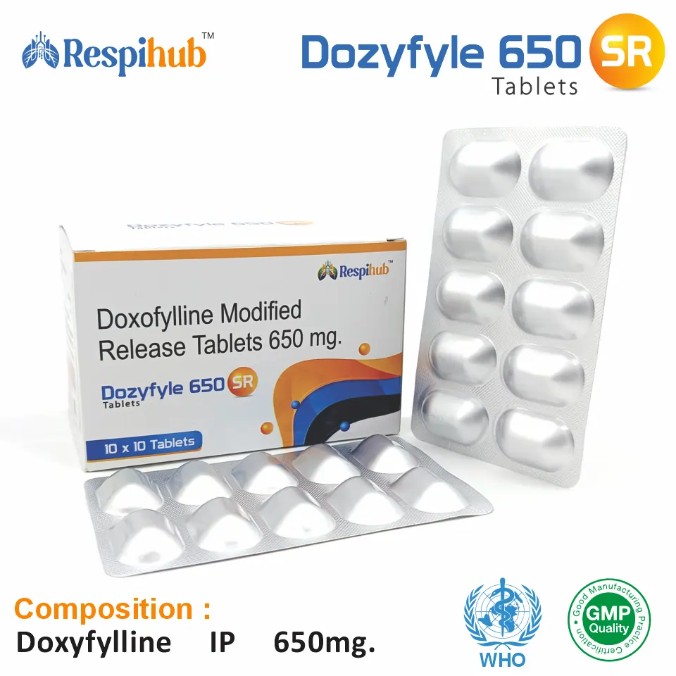 Doxofylline (650mg) SR Tablet at the best price in PCD Pharma Franchise for Bronchodilator, Asthma, and COPD Treatment.